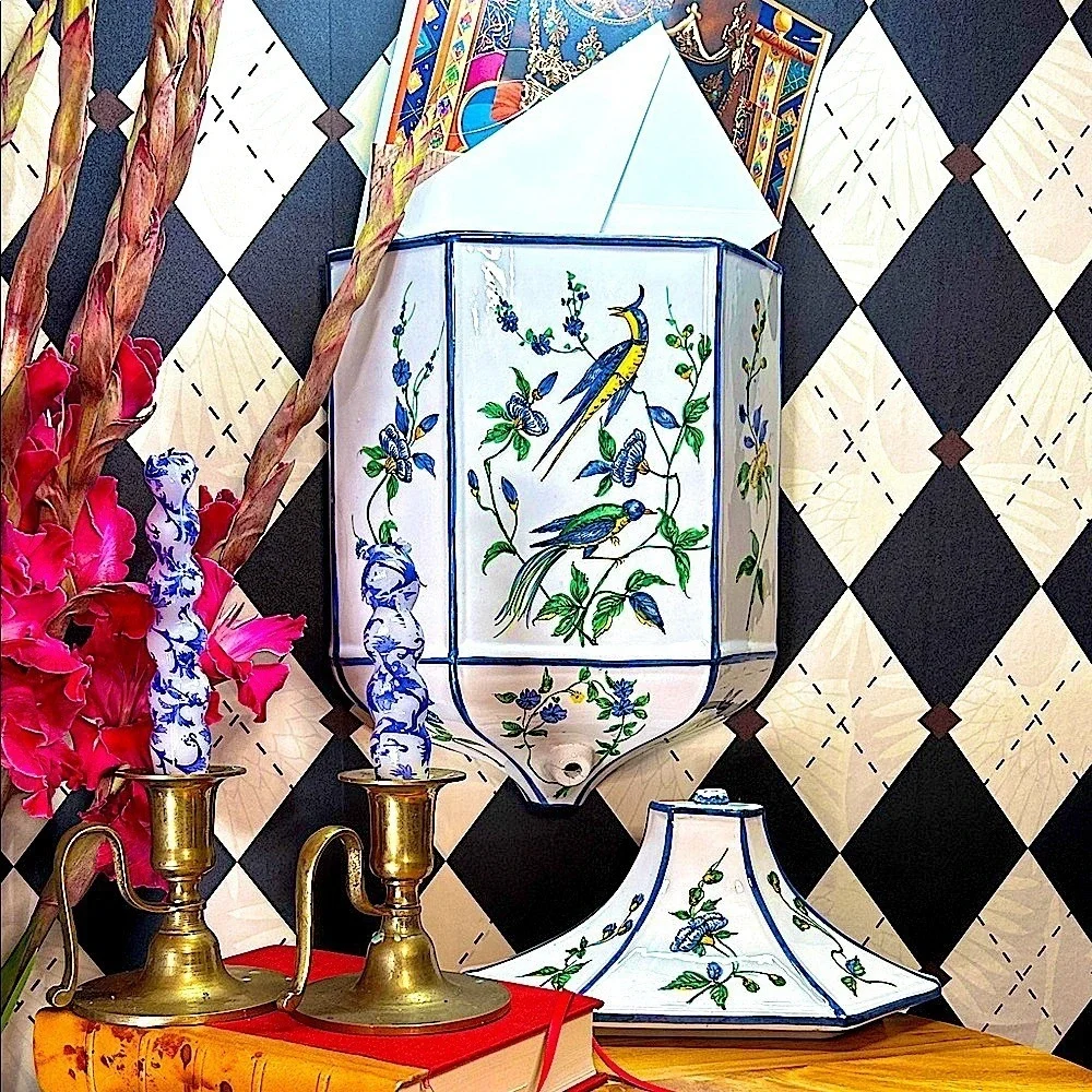 Chinoiserie 15" Wall‎ Pocket Ceramic Phoenix & Birds & Florals Hand-Painted VTG - Picture 6 of 16
